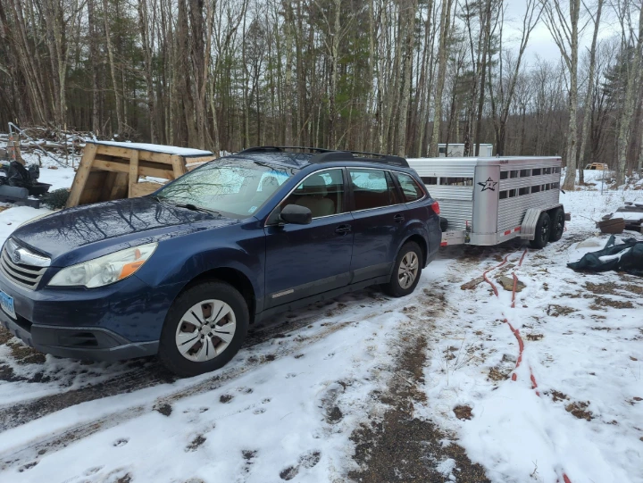 Subaru Outback as farm truck, pulling livestock trailer