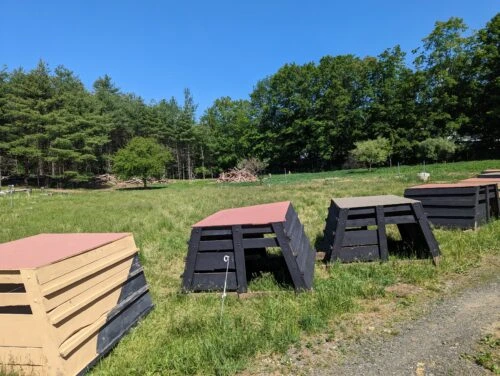 a line of shelters for animals that are painted goofy colors