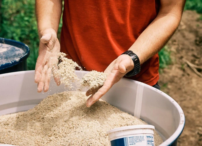 Farmer's hands, playing with a 55gal barrel of feed