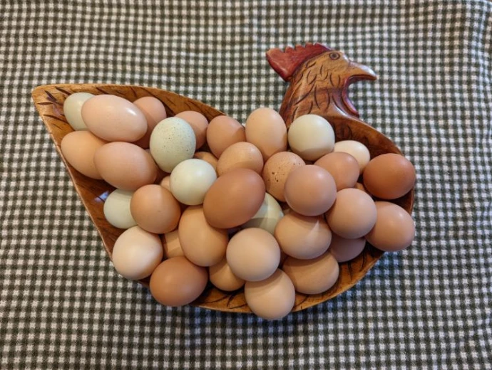 a chicken-shaped bowl of eggs on a table with a tablecloth