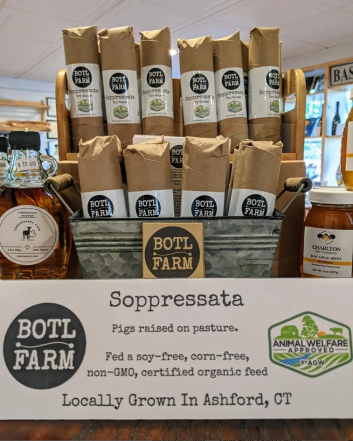 Our Soppressata display at Tutti Quanti in Fiskdale, MA with lots of food label claims